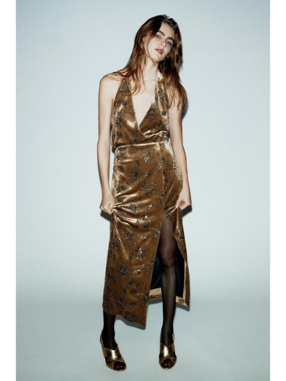 Zara Womens Velvet Sequin Midi Dress Size XS Ochre Halterneck 9858/822 NWT